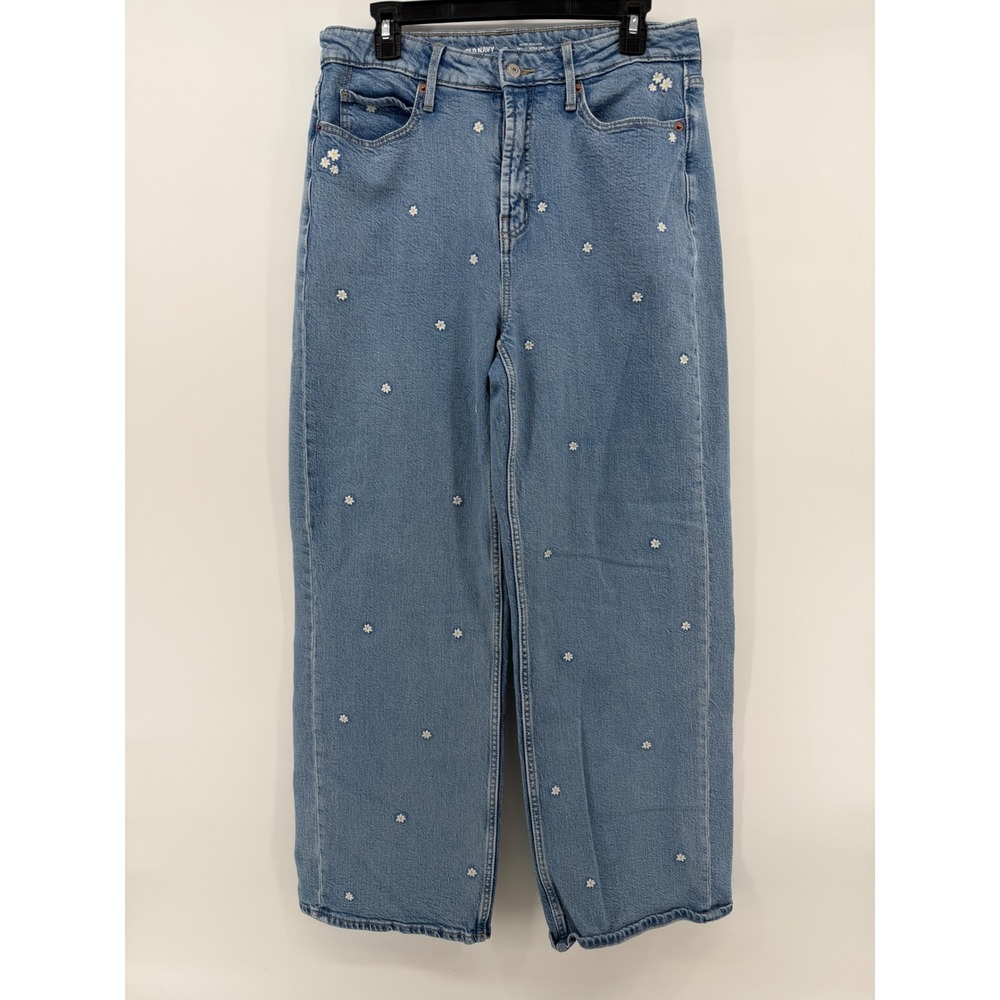 Old Navy Extra High-Rise Sky-Hi Wide Leg Daisy Floral Embroidered Jeans 10
